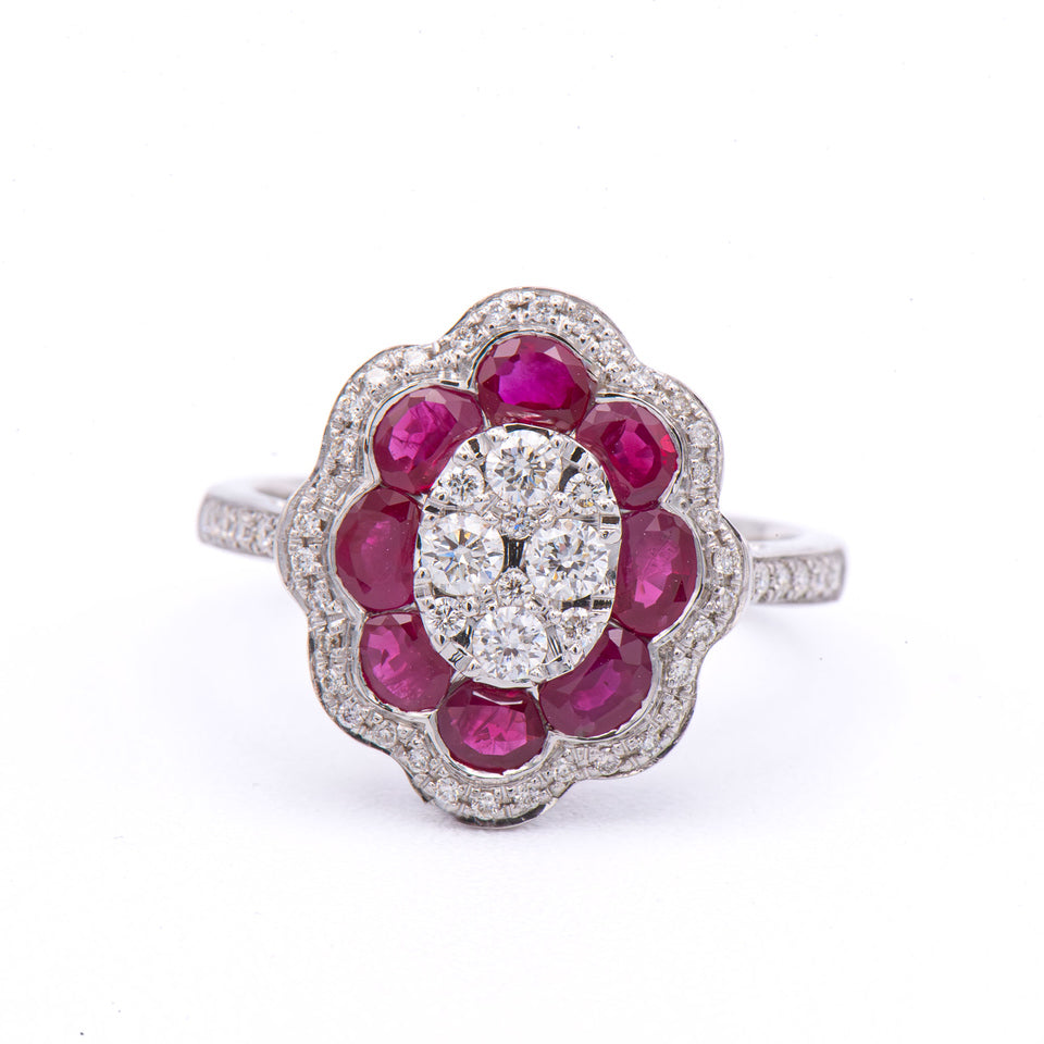 The Venetti 14K White Gold Ruby & Diamond Flower Ring features a diamond cluster with rubies in a scalloped halo.
