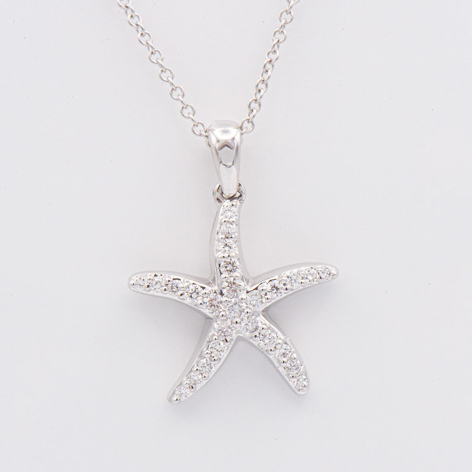 Shefi 14k Diamond Starfish Necklace with sparkling stones, shown on a white background.