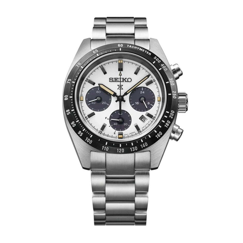Seiko Prospex Speedtimer Watch: solar chronograph with panda dial, black bezel, 3 subdials, and steel bracelet.