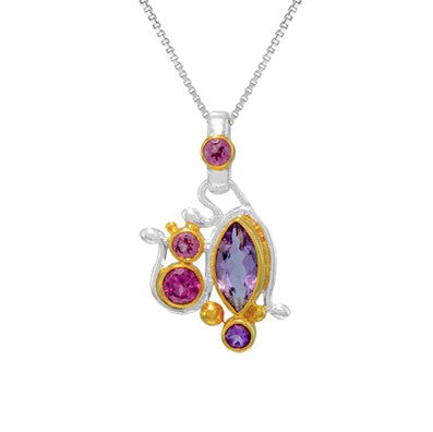 Michou SS & 22K Gold African Amethyst & Garnet P. necklace with artistic design and gemstone accents.