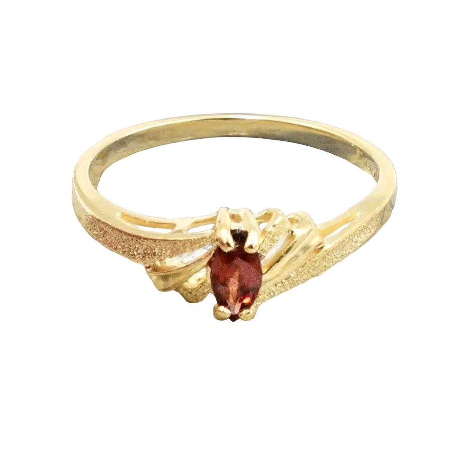 Kent Island Jewelry Estate 10k YG Garnet Shimmer Ring: marquise garnet, asymmetric textured openwork band.