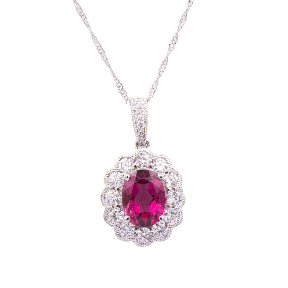 Kent Island Jewelry 18K white gold pink tourmaline & diamond halo pendant necklace, vintage-inspired floral design.