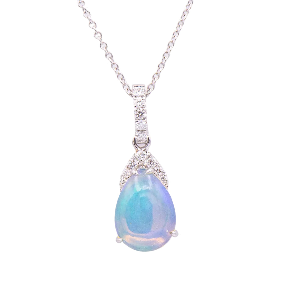 David Kord 18K White Gold Pendant Necklace with pear-shaped opal and diamonds above the opal.