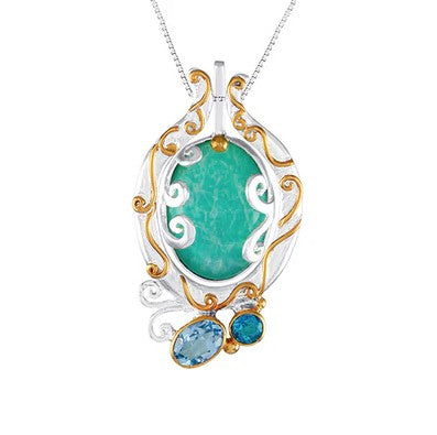 Michou SS & 22K Gold Vermeil AZMOPQ pendant features green stone, blue accents on a sterling silver box chain.