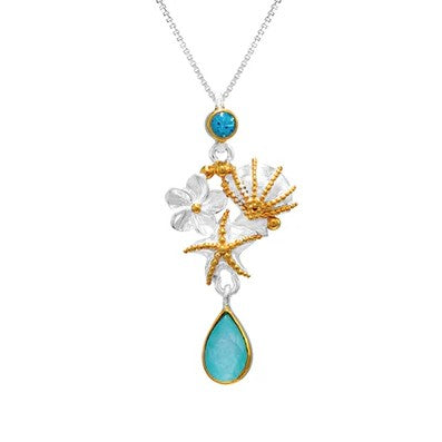 Michou SS Pendant Baby Blue Topaz: sterling silver pendant with gold starfish, shell, flower, and blue Amazonite charm.