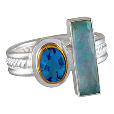 Michou SS ring with amazonite, mother of pearl, and baby blue topaz set side by side on a decorative band.