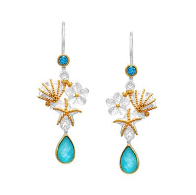 Michou M. Poseidon's Dangle Earrings with starfish, seashells, flowers, blue gems, and turquoise teardrops.