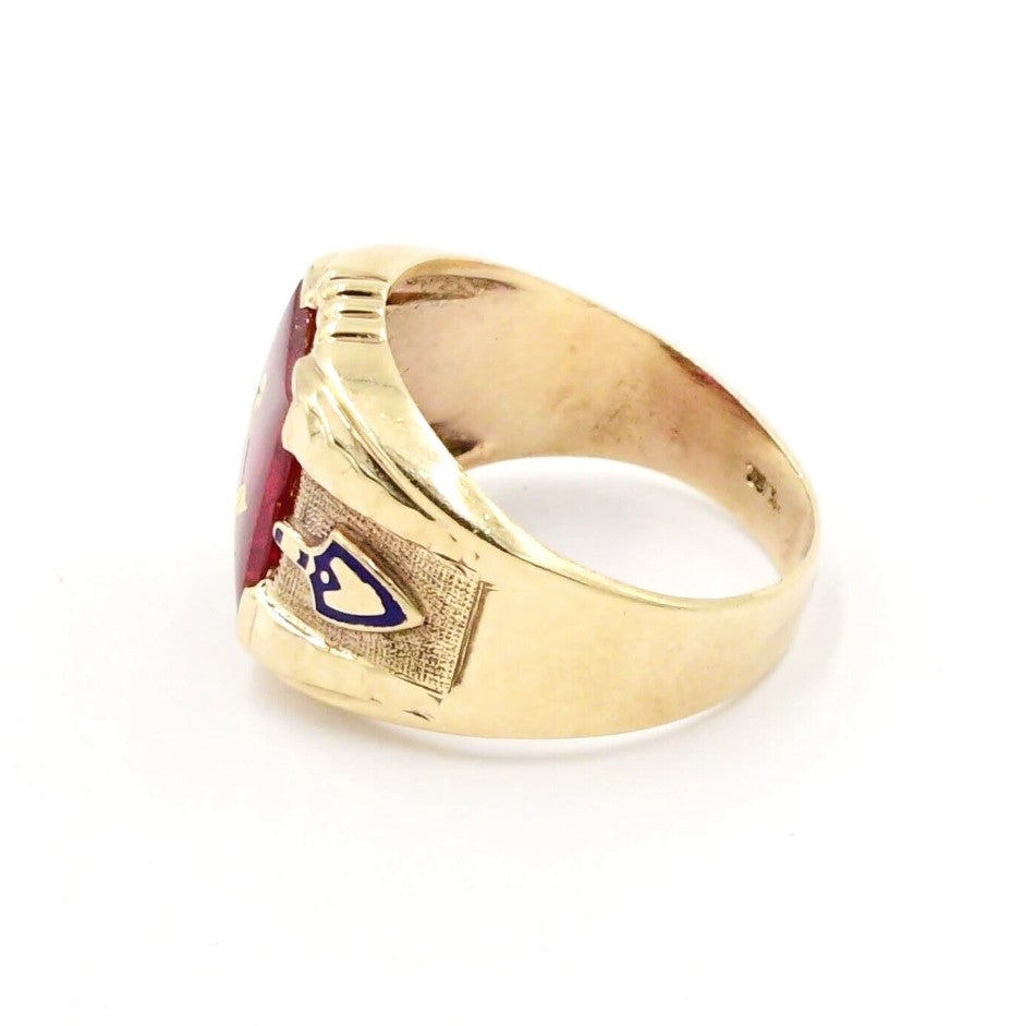 Kent Island Jewelry Estate 10k YG Ruby Masonic Ring features a blue & white shield.