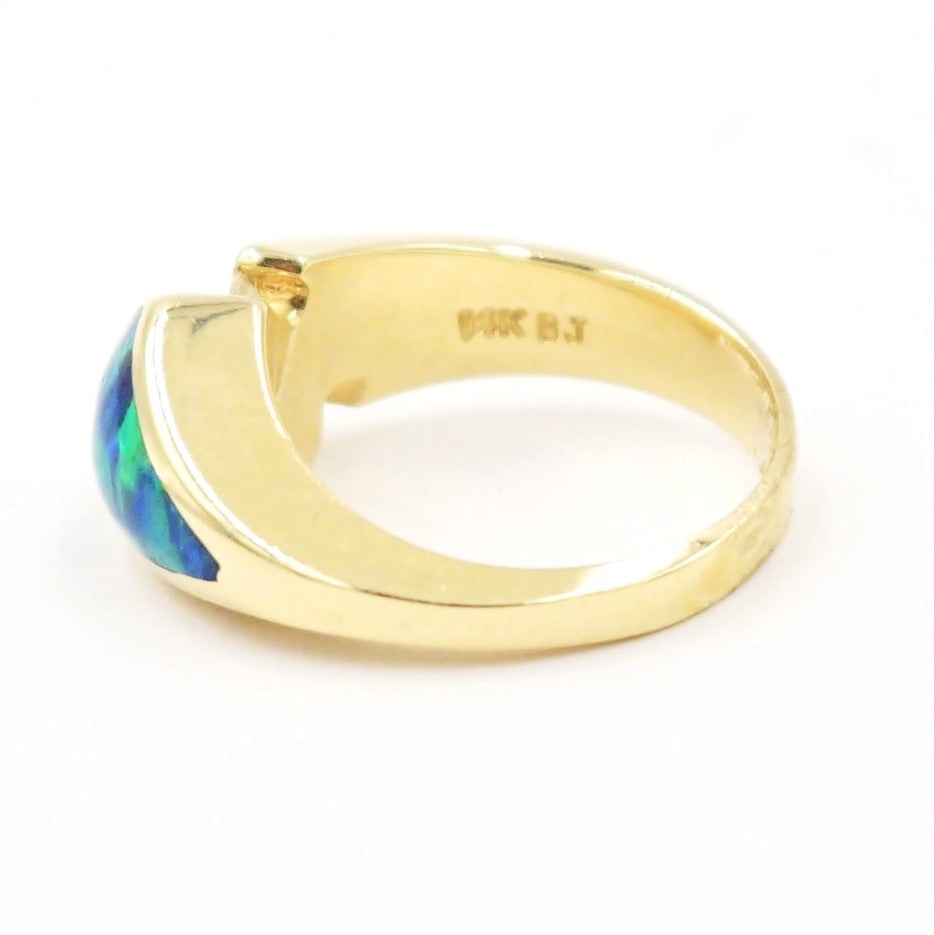Kent Island Jewelry Estate 14k yellow gold ring with .08ct diamond & opal. Engraved inside band.
