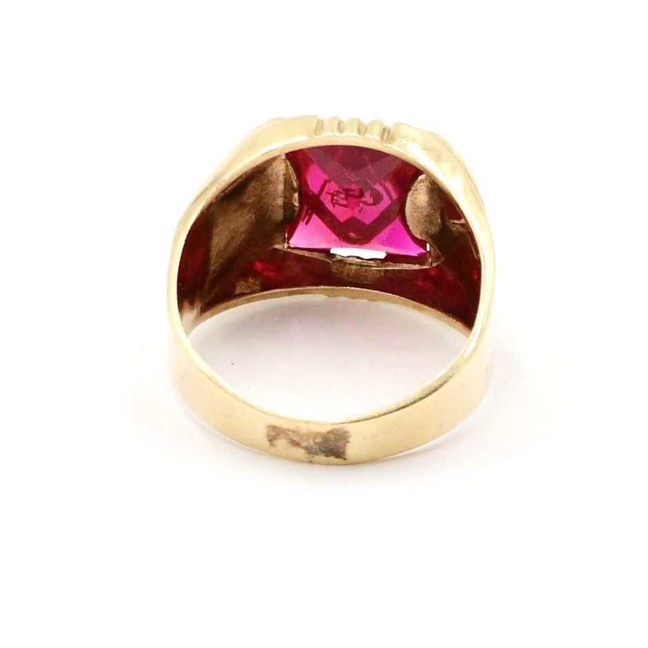 Estate 10k YG Ruby Masonic Ring by Kent Island Jewelry, back view reveals open setting.