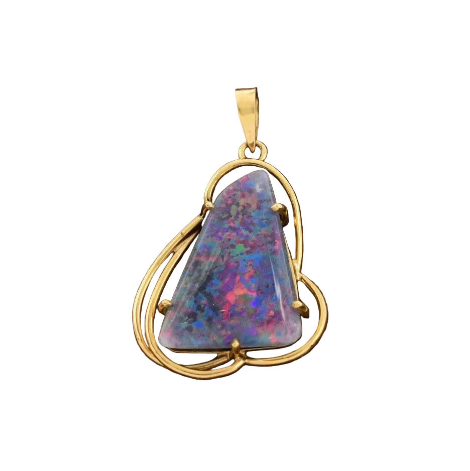Kent Island Jewelry's Estate 10K Yellow Gold Opal Doublet Pendant features a blue, purple, and red freeform opal.