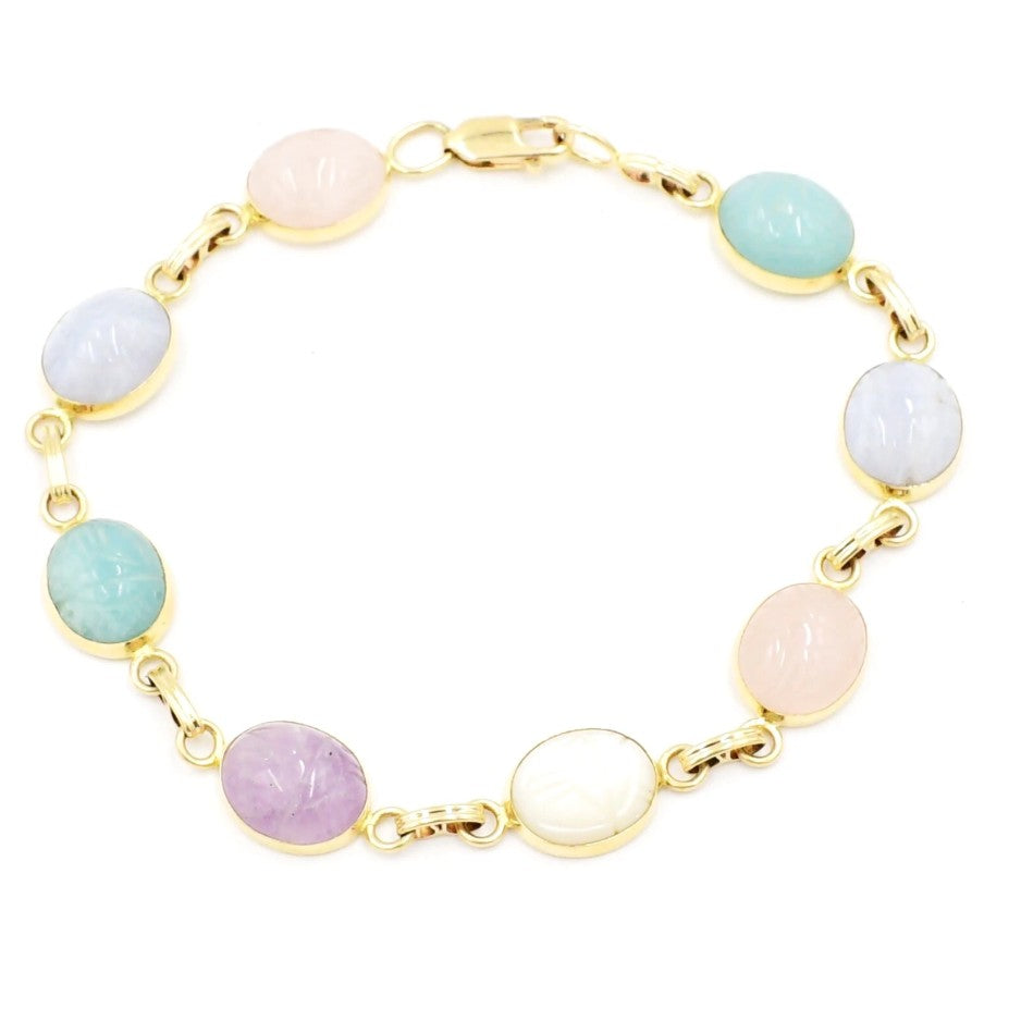 Kent Island Jewelry Estate 14k YG Carved Scarab Chain Link Bracelet features pastel gemstone ovals and a secure clasp.