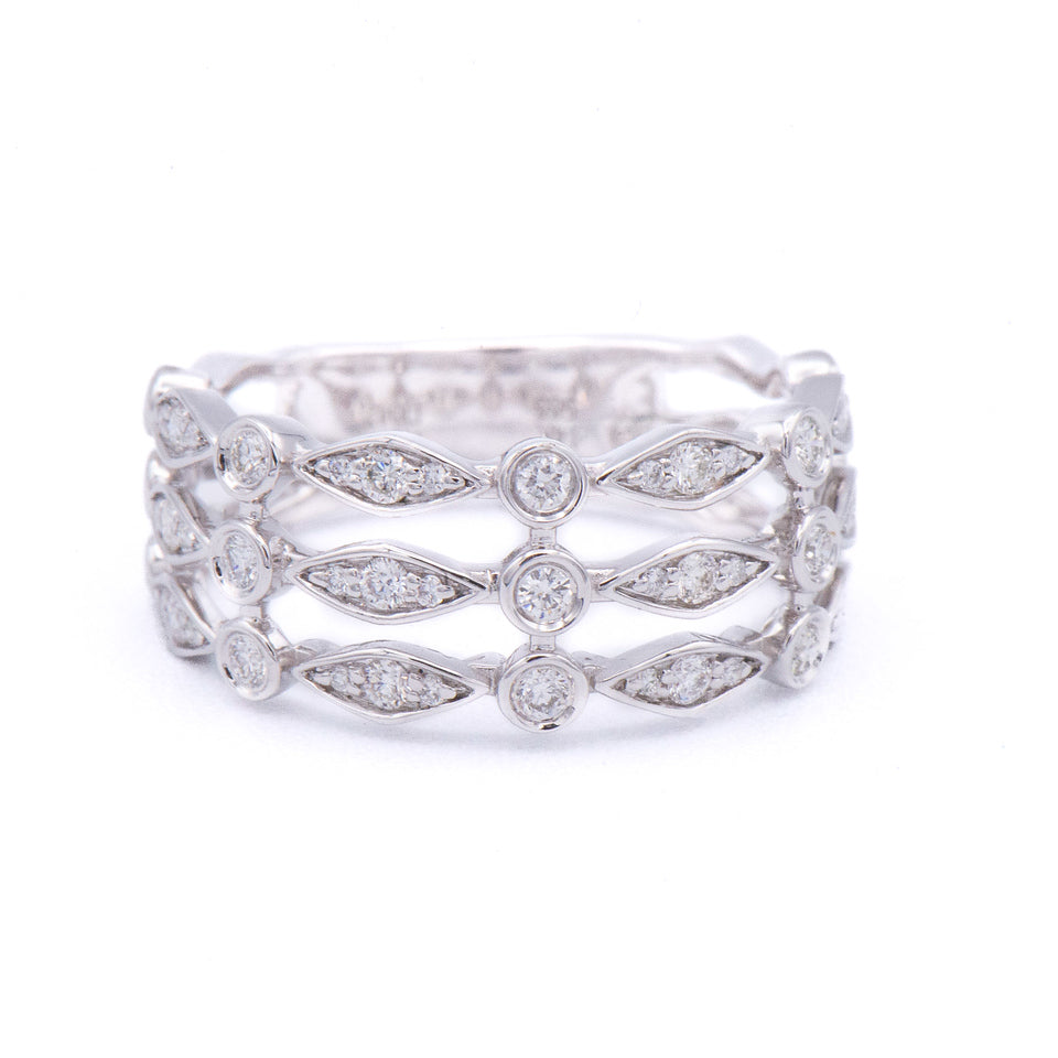 Kent Island Jewelry 14k multi-row diamond stacked ring with round and marquise diamonds in an openwork design.