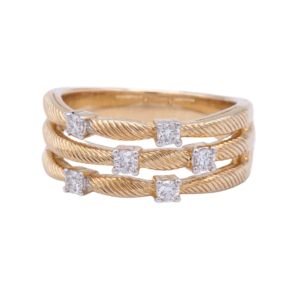 Kent Island Jewelry 14k. Multi-Row Diamond Ring with three twisted bands and square-cut diamonds on white background.