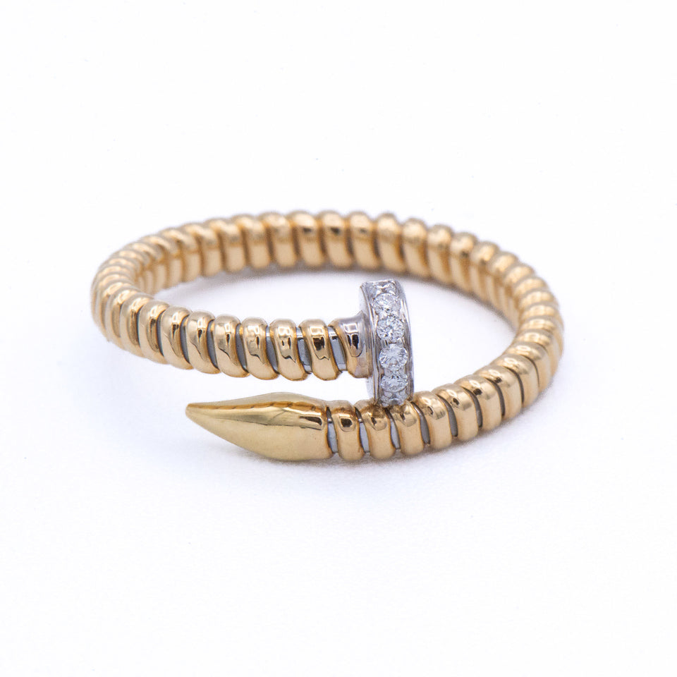 Afrin 18k Diamond Nail Bypass Ring: Gold coil, pointed tip, silver diamond; resizable for custom jewelry lovers.