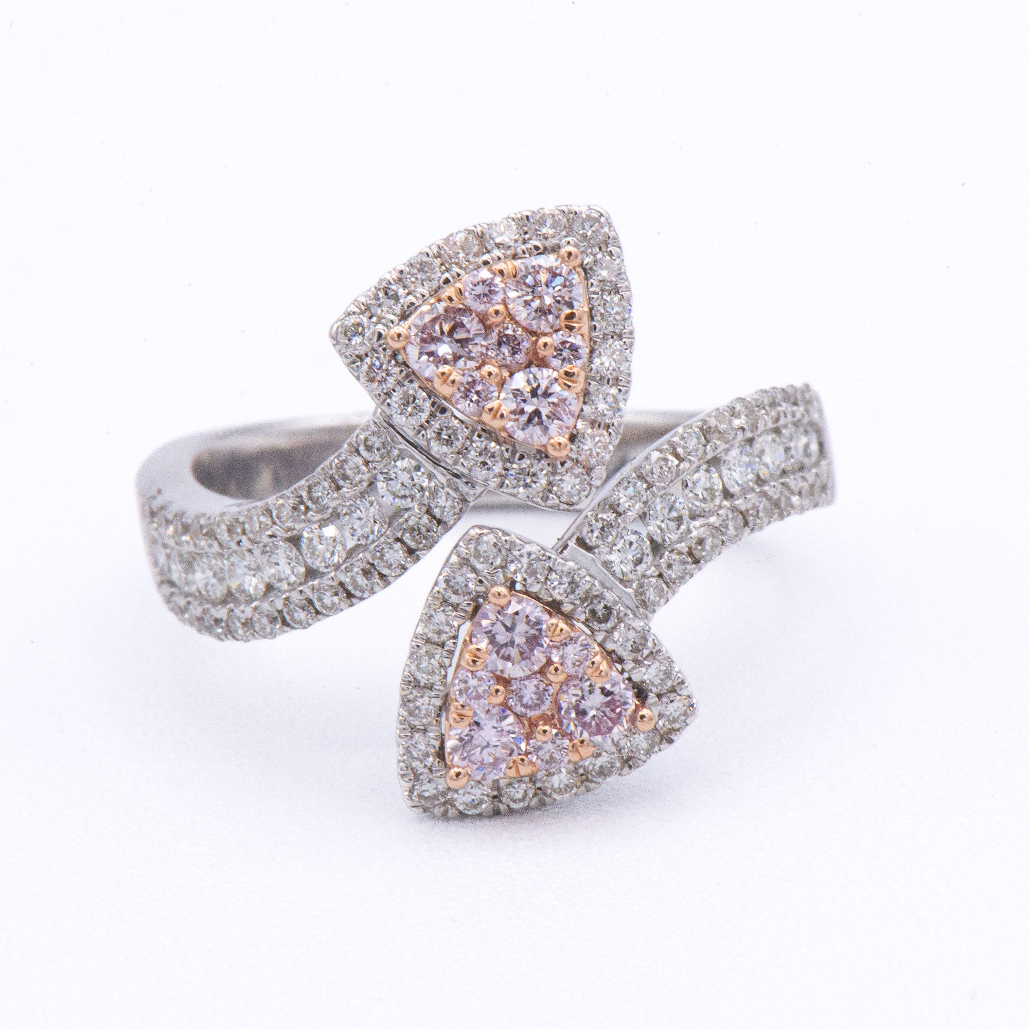 Kent Island Jewelry 14k Pink & White Diamond Bypass Ring: resizable, features two diamond clusters on a diamond band.