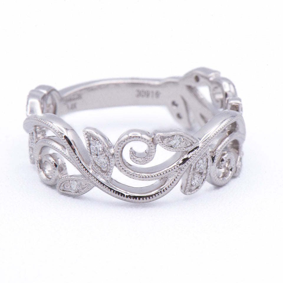 Venetti 14k Leaf & Vine Diamond Ring—resizable, white gold, with small diamonds on a white background.