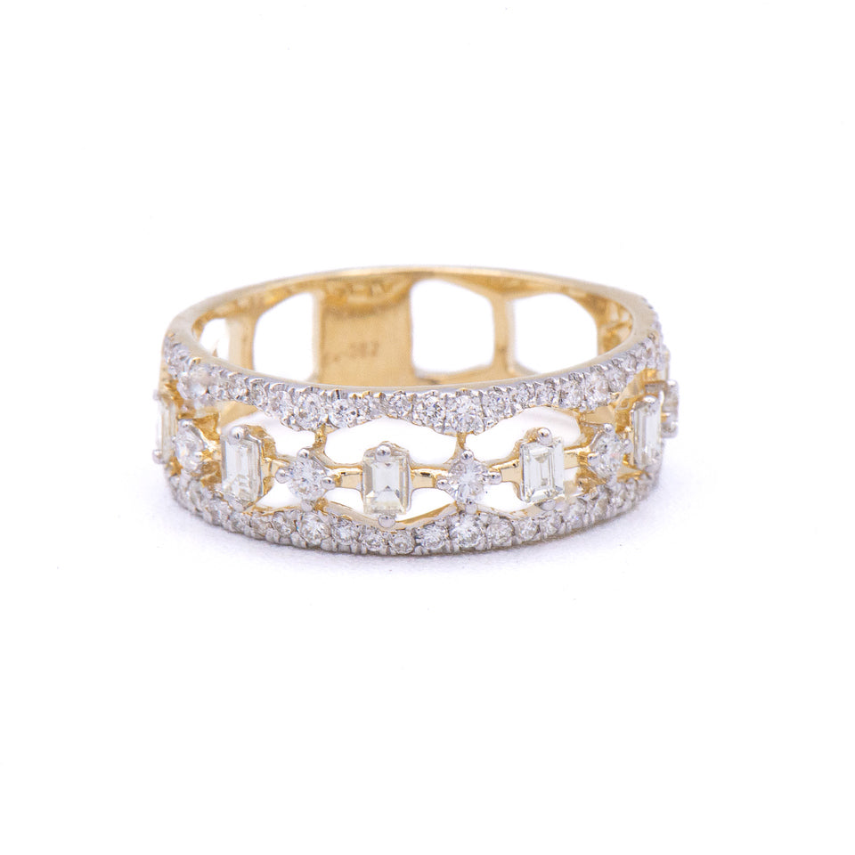 Heera Moti 14k Fancy Baguette & Round Diamond Ring: resizable, openwork, pavé design with geometric diamond settings.