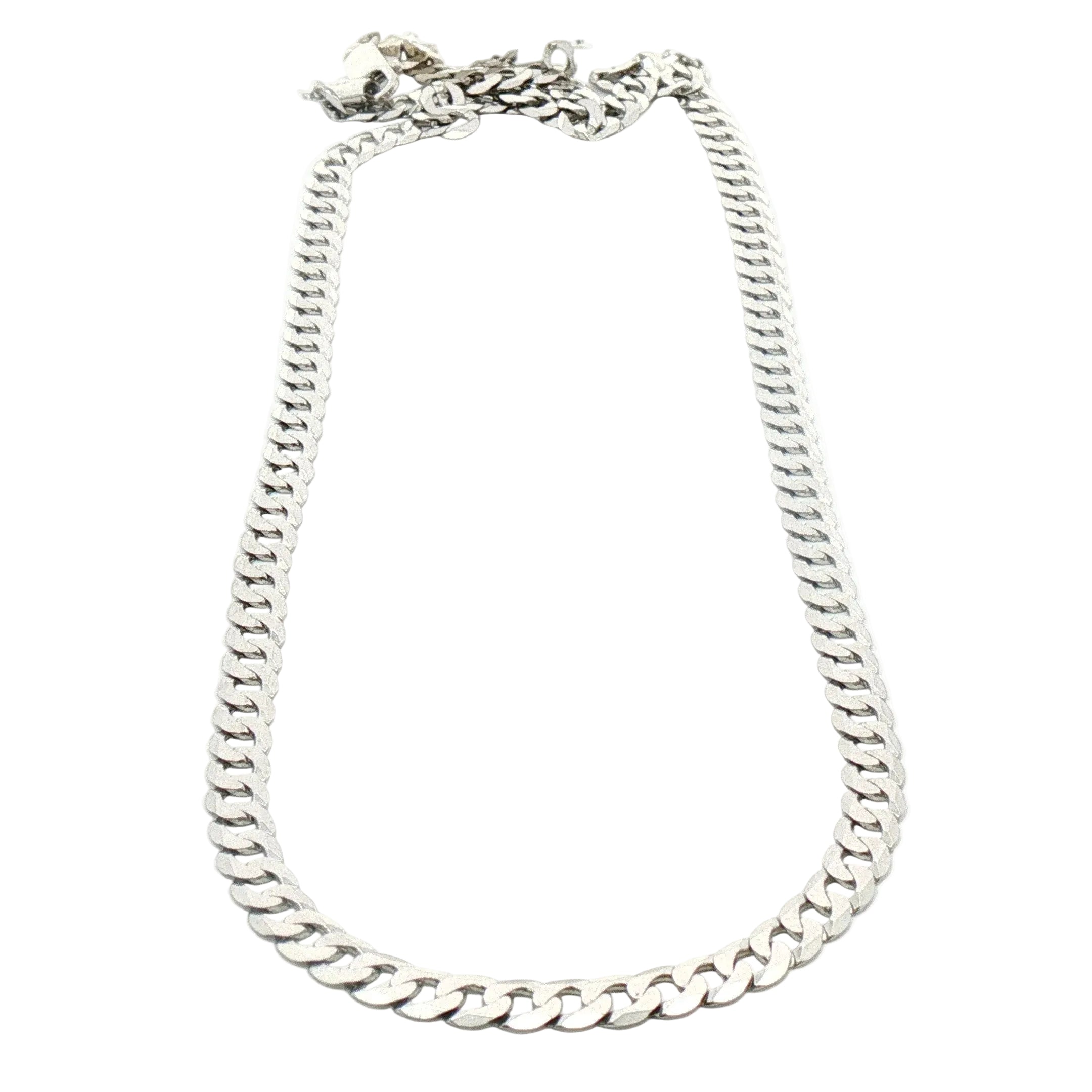 QG SS rhodium-plated 5.75mm flat curb chain, 22" Cuban link necklace shown in a loop on white background.