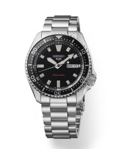 Seiko 5 Sports SS Automatic watch with black dial, date & day display, and stainless steel band.