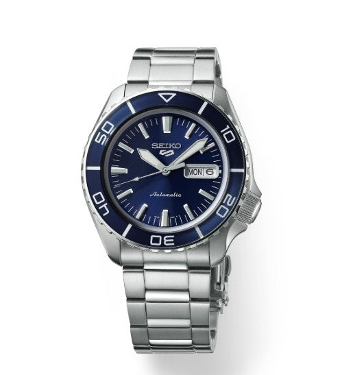 The Seiko 5 Sports SS Automatic features a blue dial, silver markers, and day-date display showing Monday 6.