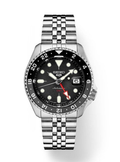 Seiko 5 Sports SKX GMT Series watch with black bezel, black dial, and date at 3 o’clock.