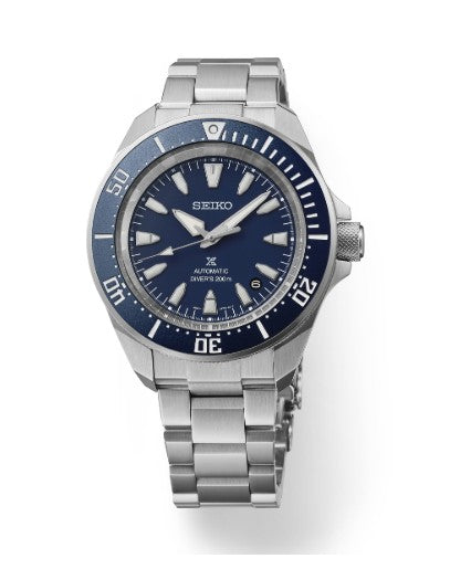 Seiko Prospex Diver SS Automatic watch with blue dial and metal bracelet shown on a white background.