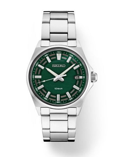 Seiko Essentials SS Quartz watch with a green dial and silver markers on a stainless steel link band.