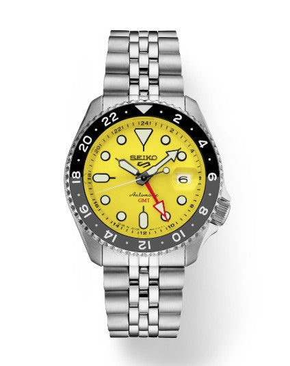 Seiko 5 Sports SS Automatic GMT Yellow Dial Watch with silver band, black bezel, and red GMT hand by Seiko.