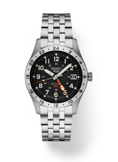 Seiko 5 Sports SS Automatic GMT Black Dial Watch features an orange GMT hand, date display, and stainless steel bracelet.