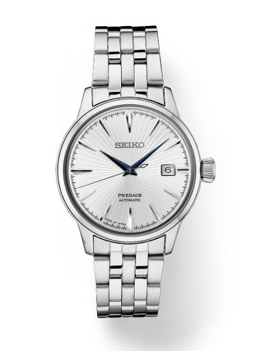 Seiko Presage Cocktail Time men's automatic watch with silver dial and date window at 3 o’clock.