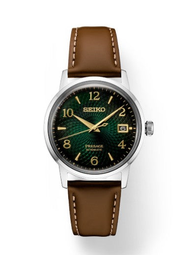 Seiko Presage Cocktail Time SS Automatic with green dial, gold markers, date at 3, and brown leather strap.