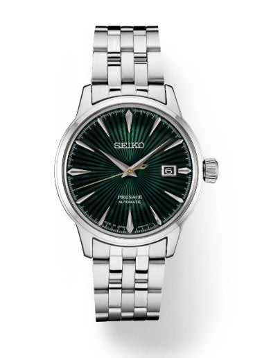 Seiko Presage Cocktail Time SS PGP automatic watch with green dial, silver band, textured face, and date display.