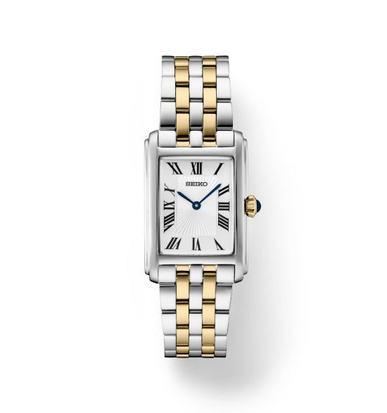 Seiko Essentials SS TT Quartz features a rectangular case, white dial, blue hands, and silver-gold link band.