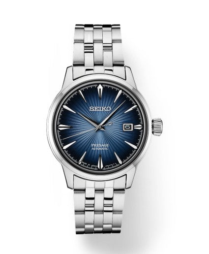 Seiko Presage Cocktail Time SS Automatic watch with blue dial, silver markers, and date window at 3 o'clock.