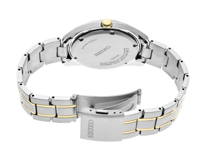 Back view of Seiko Essentials Collection Watch in titanium with metal band, gold accents, sapphire crystal, clasp open.