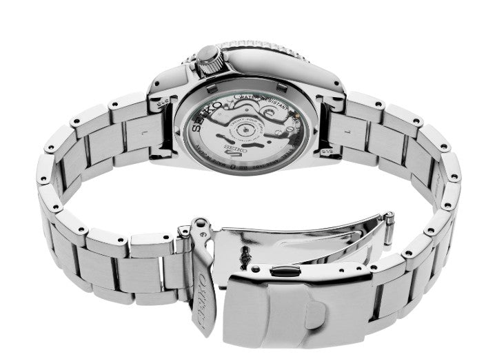 Seiko 5 Sports SS Automatic Green Dial Watch with visible movement and an open metal clasp.