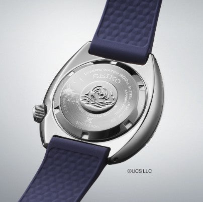 Close-up of the Seiko Automatic Prospex JAWS 50th Anniversary Limited Edition with blue strap and engraved case back.