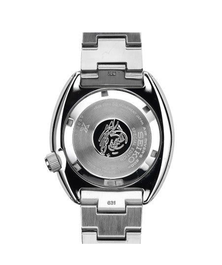The Seiko Prospex Diver SS Automatic Blue Dial PADI SE watch features engraved case markings and a central emblem.
