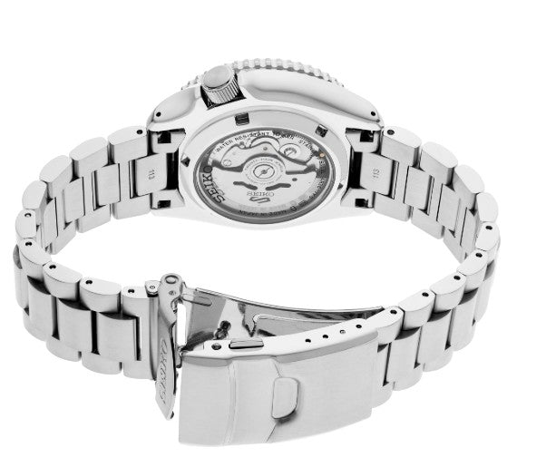 Seiko 5 Sports SS Automatic Blue Dial Watch with stainless steel band and exposed mechanical movement.