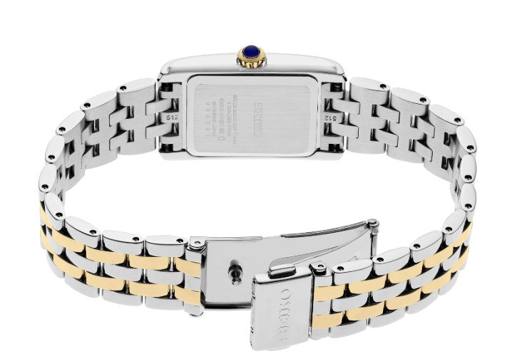 Back view of Seiko Essentials SS TT Quartz White Dial Watch with blue crown, steel bracelet, and daily water resistance.