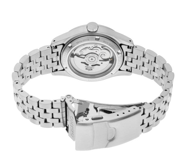 Seiko 5 Sports SS Automatic GMT Black Dial Watch with open clasp, showing its transparent back and movement.