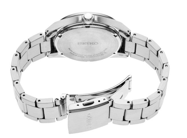 The Seiko Essentials SS Quartz Green Dial Watch features a stainless steel band and an open clasp, shown from the back.