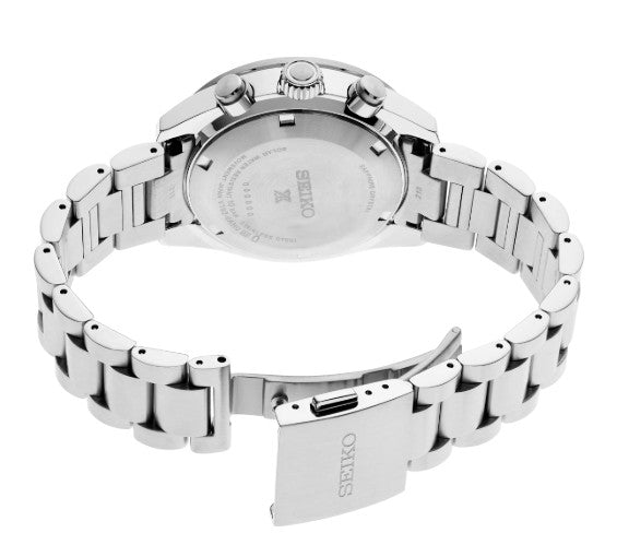 Seiko Prospex Speedtimer SS Solar Chronograph with a silver dial shown from the back, open metal bracelet and clasp visible.