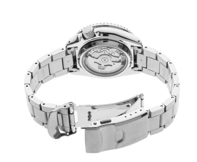 Seiko 5 Sports SS Automatic Black Dial Watch features an open band, see-through case back, and automatic movement.