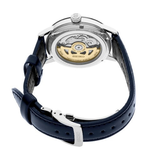 Back view of the Seiko Presage Cocktail Time Watch, featuring a blue leather strap and Japanese mechanical movement.