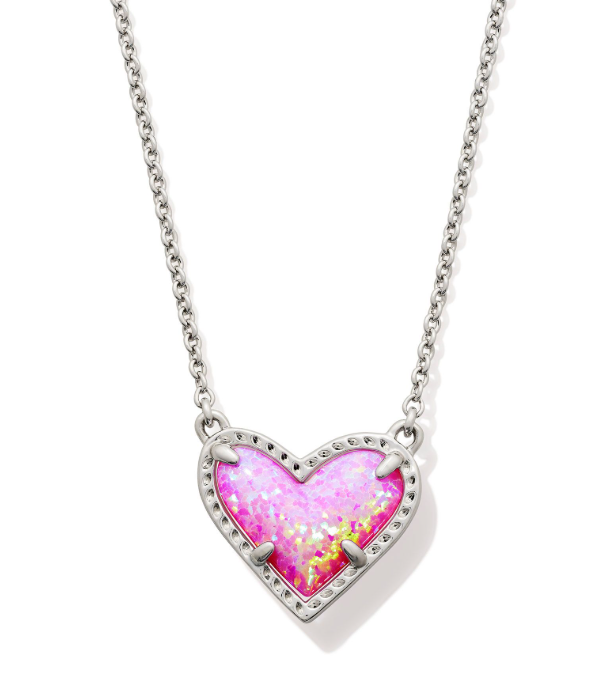 Kendra Scott ARI Heart Short Pendant Necklace in silver with bubblegum pink Kyocera opal.