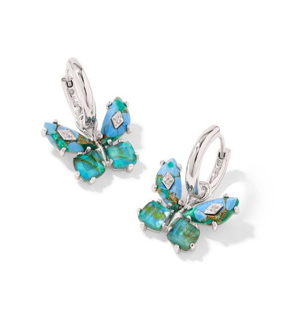 Kendra Scott Bianca Butterfly Huggie Earrings in silver feature bright aqua mix wings and sparkling accents.