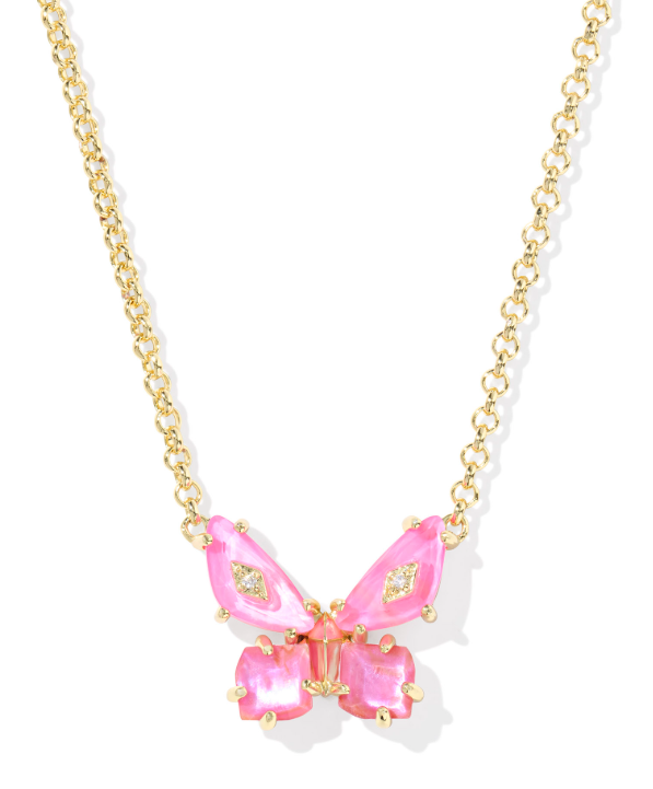 Kendra Scott BIANCA BUTTERFLY SHORT PENDANT NECKLACE in gold pink mix features a pink butterfly on a short gold chain.