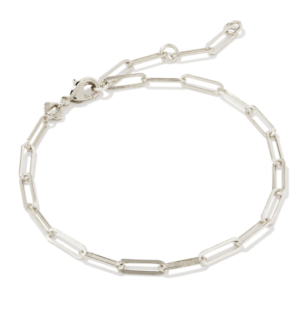 The Kendra Scott COURTNEY Paperclip Bracelet in silver features a lobster clasp and adjustable links for perfect stacking.